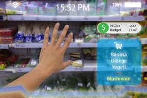 internet of things, iot, hand try to pick the product in to the cart with augmented reality technology with virtual reality display screen which show the product and subtotal in the retail or store